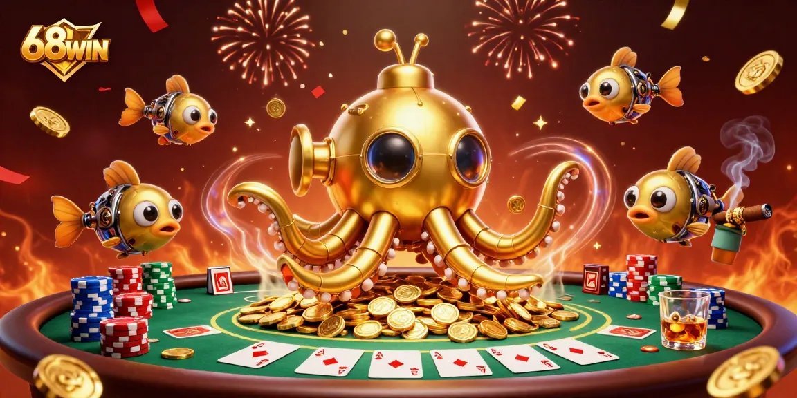 68WIN showcases a thrilling casino atmosphere with a golden kraken and poker elements.