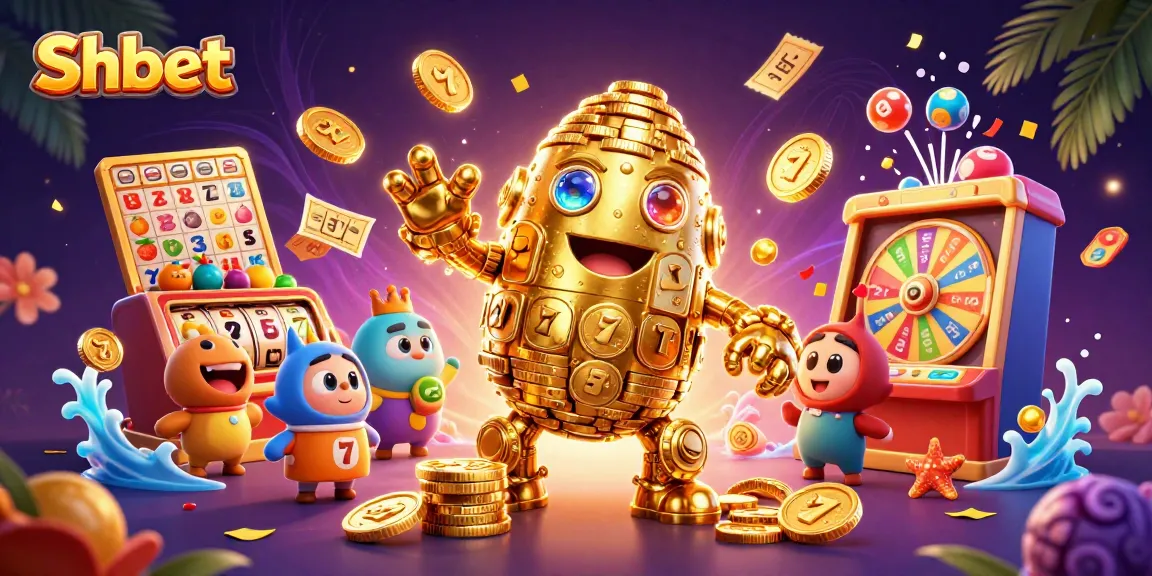 Experience Shbet’s vibrant gaming universe with a golden golem surrounded by casino excitement.