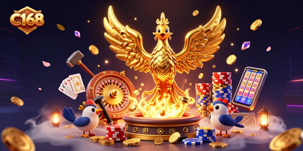 C168 players enjoying exciting casino games, featuring dynamic golden phoenix and vibrant elements