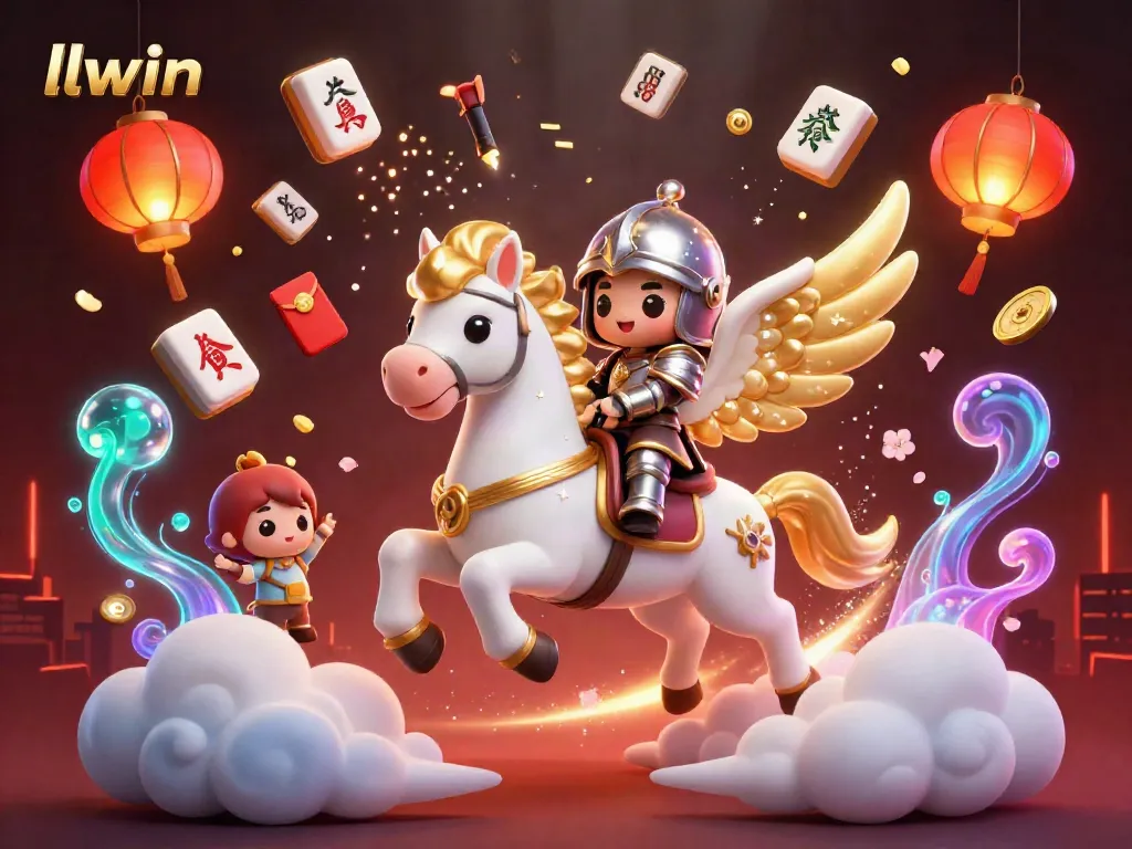 Experience thrilling fantasy with llwin's celestial horse, knight, and festive casino elements.
