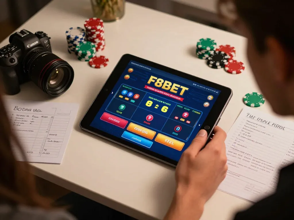 Engaged player using F8BET app for online casino gaming, surrounded by strategic notes and poker chips.