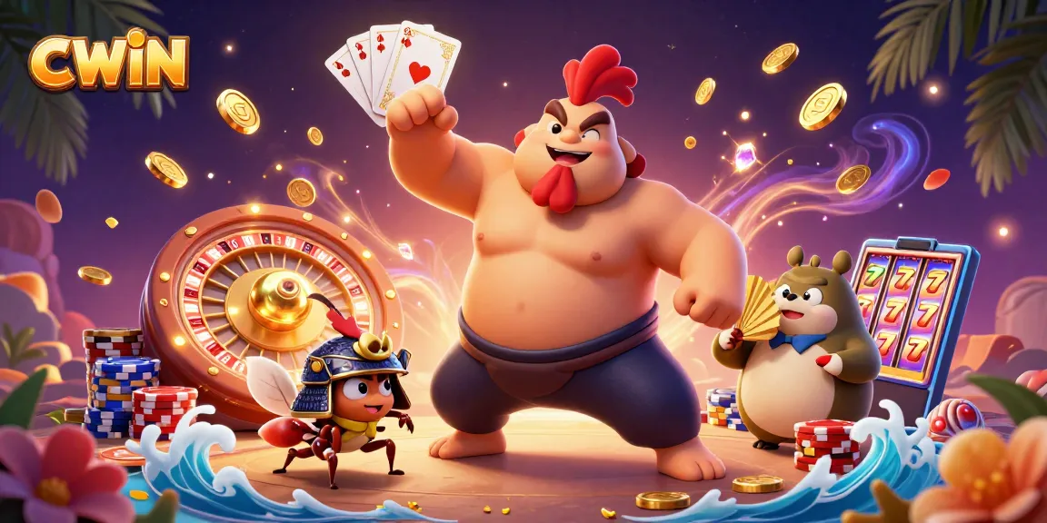 CWIN showcases a lively casino scene with vibrant characters, where a sumo wrestler and a cricket engage in action amidst dazzling gaming elements.