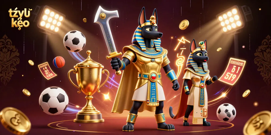 Engage with tỷ lệ kèo in this vibrant sports betting scene showcasing Anubis and Bastet with dynamic game elements.