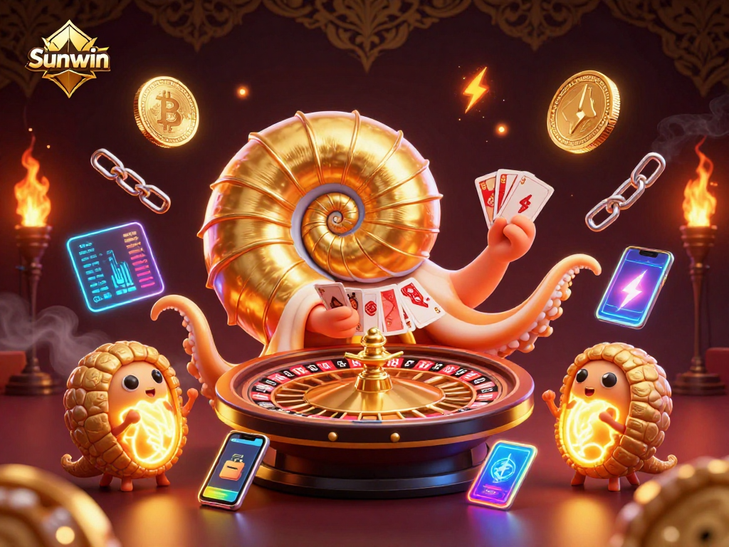 Engaging scene of Sunwin's unique casino experience featuring crypto coins and a golden nautilus roulette wheel.