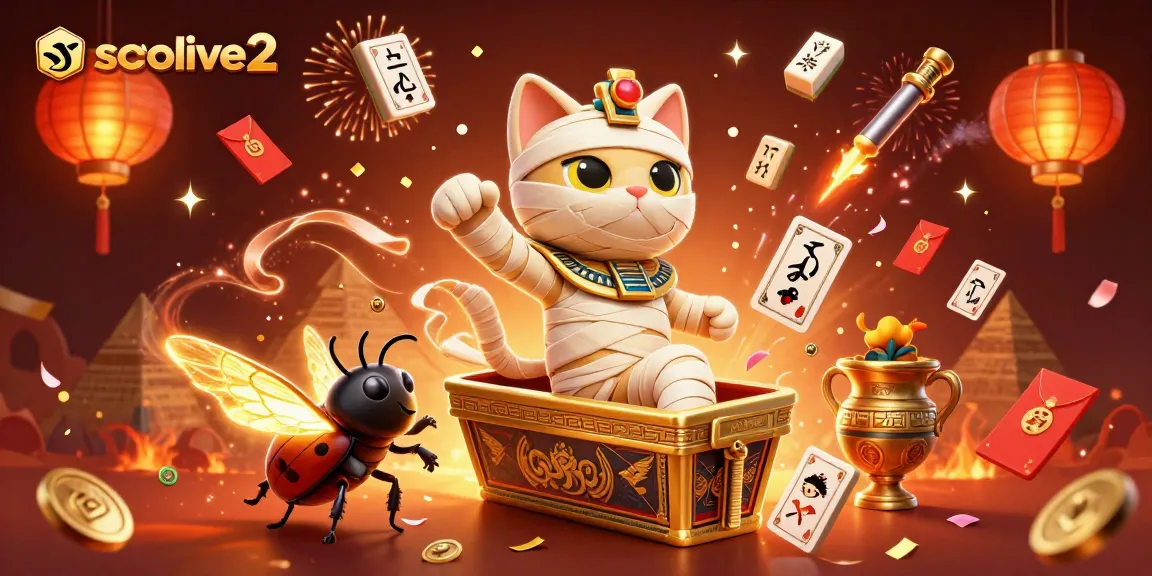 Experience the excitement of socolive2 with a dynamic scene featuring a mummy cat and gaming elements.