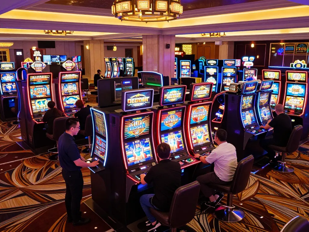 Players enjoying lively slot machines at RED88 casino, capturing the vibrant atmosphere.