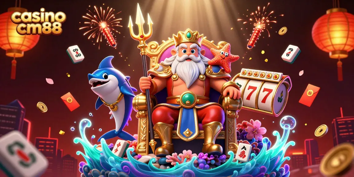 Engage with casino cm88 through an energetic 3D casino scene featuring Neptune and vibrant game elements.
