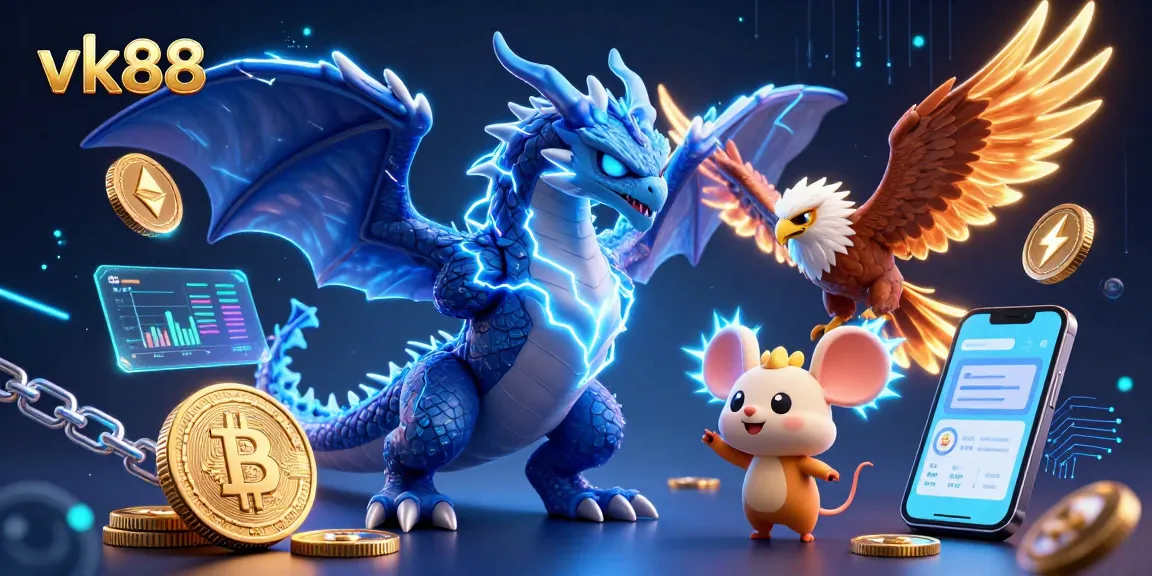 Engage with vk88's vibrant 3D dragon and hawk in a thrilling crypto casino scene.