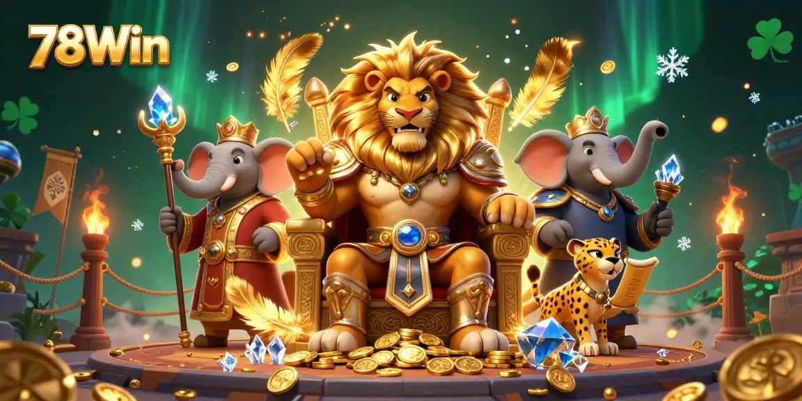Engage in thrilling play with 78Win, featuring a majestic lion king and game elements.