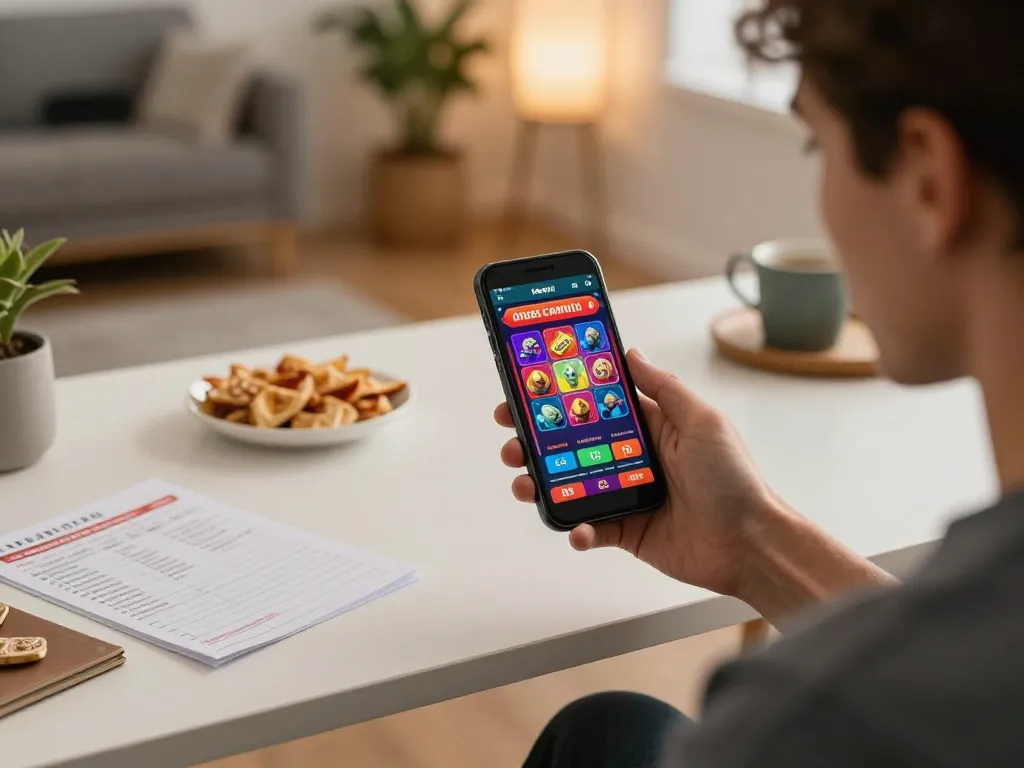 Gambler using the debet app on smartphone for online casino games with colorful interface, engaged in gameplay.