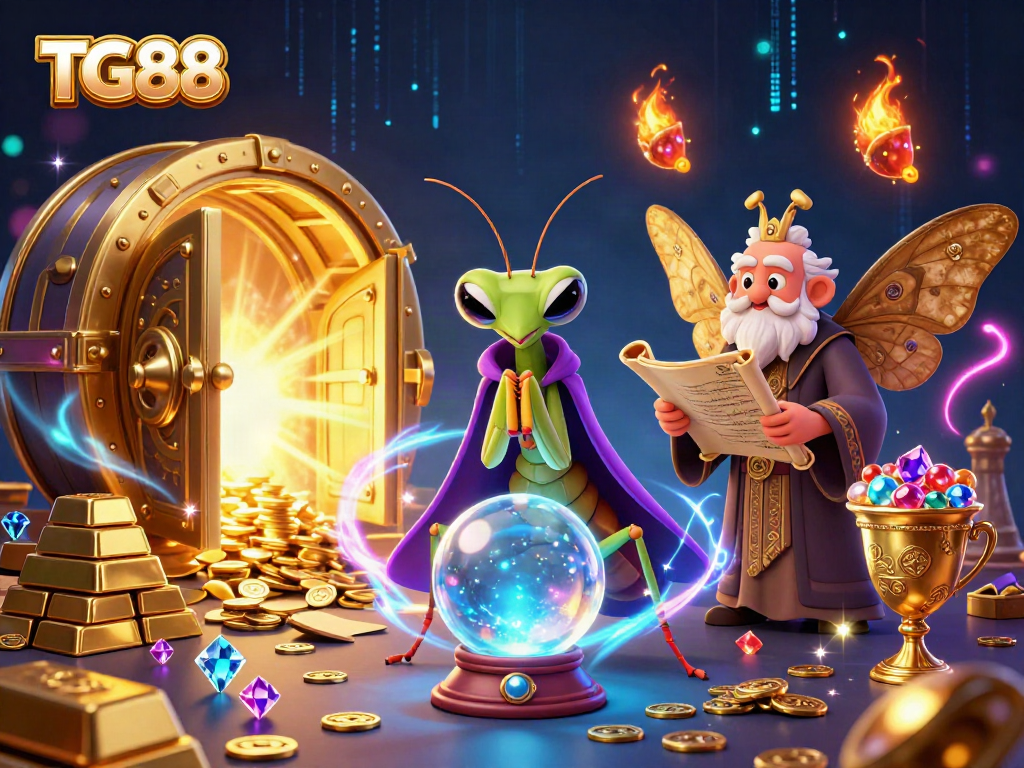 Engage with TG88's vibrant 3D scene of fortune tellers amidst dazzling casino elements.
