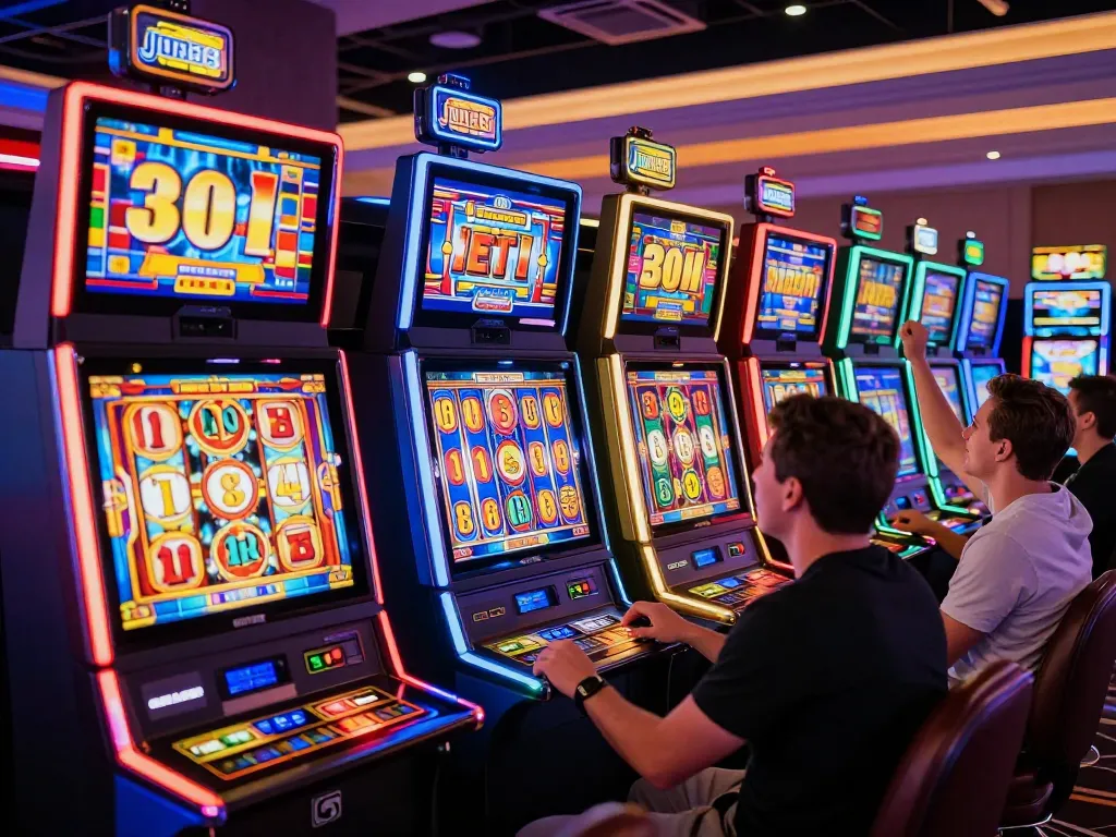 Players reveling in victory while enjoying jun88 slot machines in a vibrant casino atmosphere.