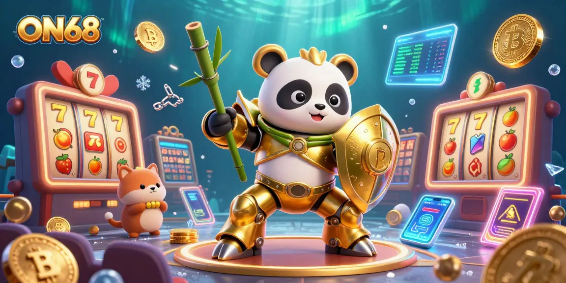 ON68 captivates with a colorful casino scene featuring a golden panda robot and crypto elements.