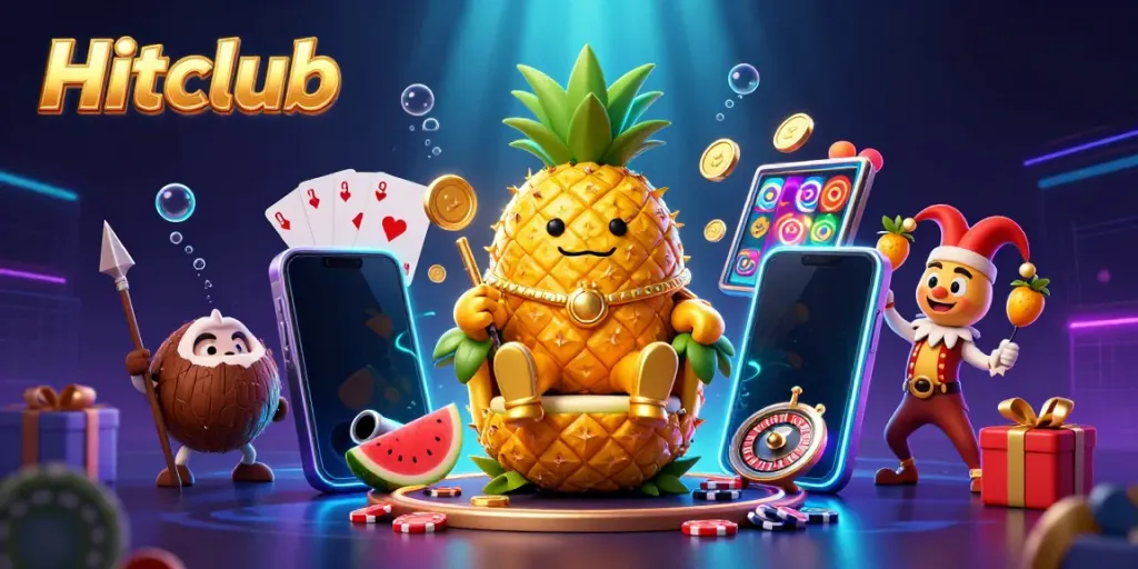 Hitclub's golden pineapple king rules the beach casino, surrounded by colorful slot games and vibrant decorations.