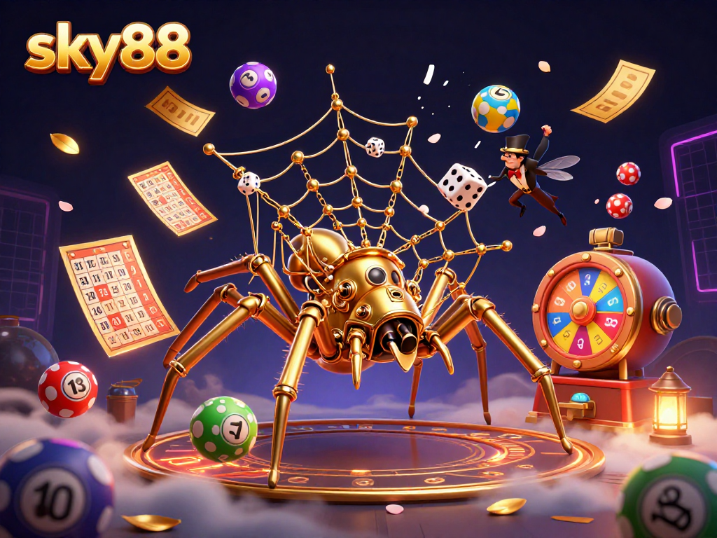 Engage with the thrilling world of sky88 through a lively 3D casino scene featuring a golden spider and dynamic game elements.