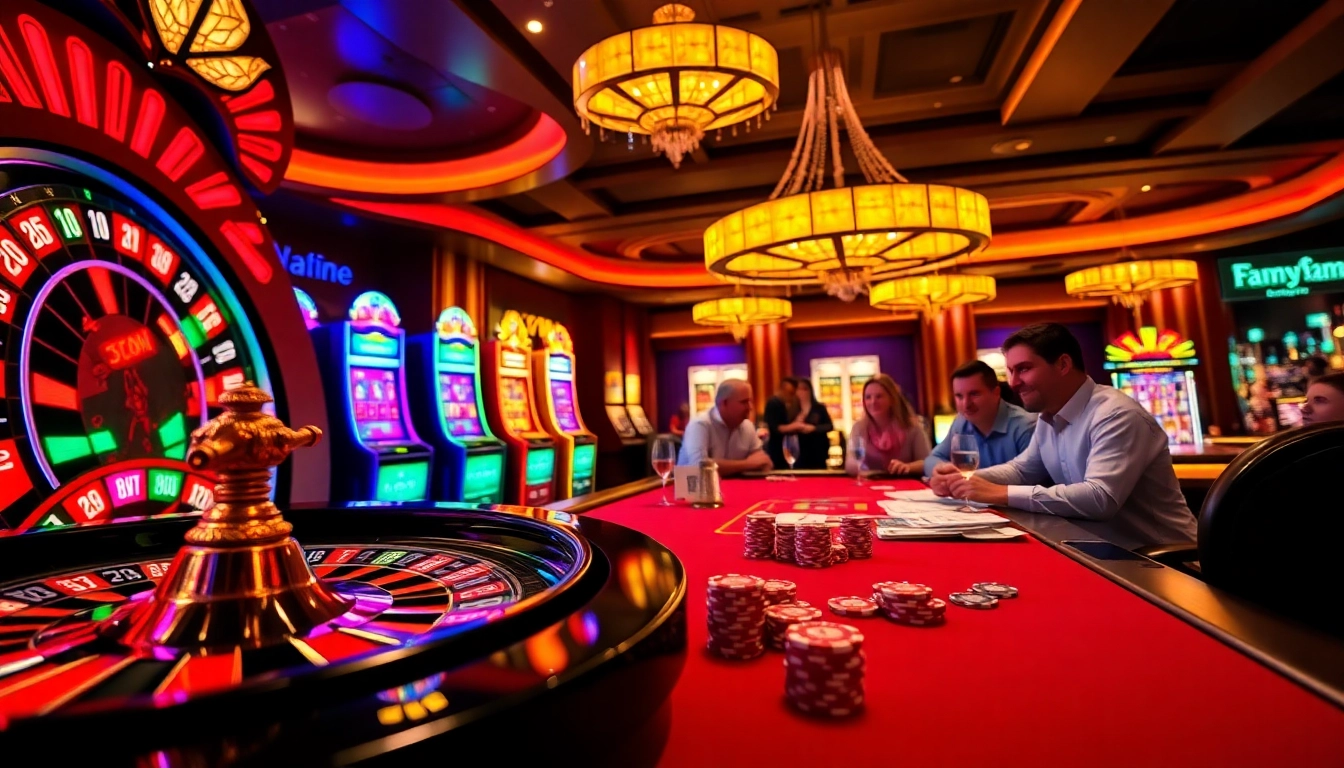 Players enjoying the excitement at https://kjc.pro/, with roulette and slot machines in a vibrant casino.