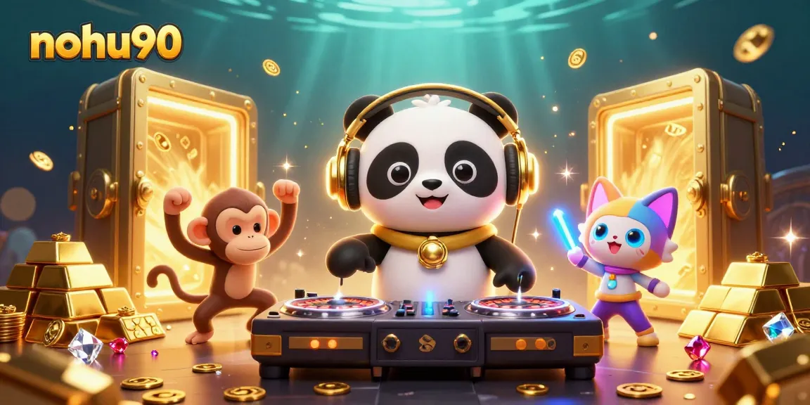 Spin and win with nohu90 in a vibrant casino scene featuring lively characters and sparkling treasures.