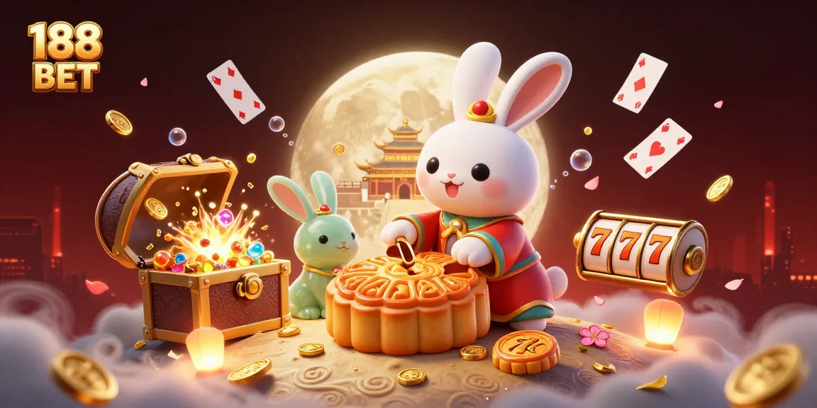 Spin for big wins at 188 BET with poker chips popping from mooncakes and vibrant casino elements.