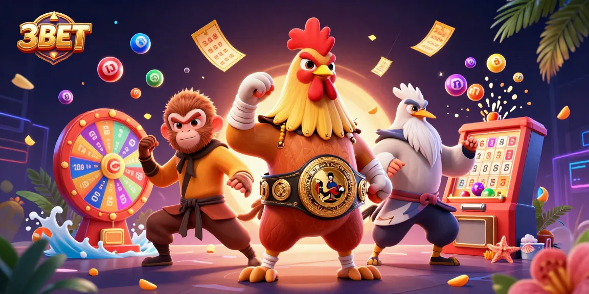 Experience the thrilling world of 3BET with vibrant lottery elements and three dynamic characters in action.