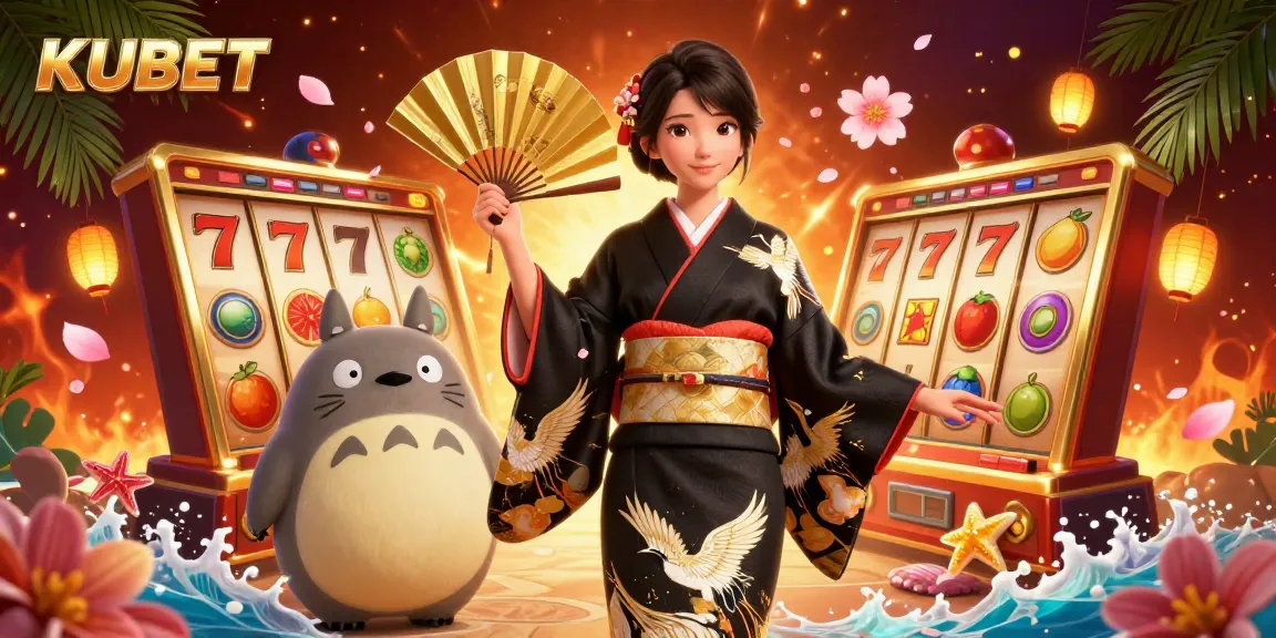 KUBET offers thrilling slots and dynamic gameplay illustrated by an elegant woman and a wise tanuki.