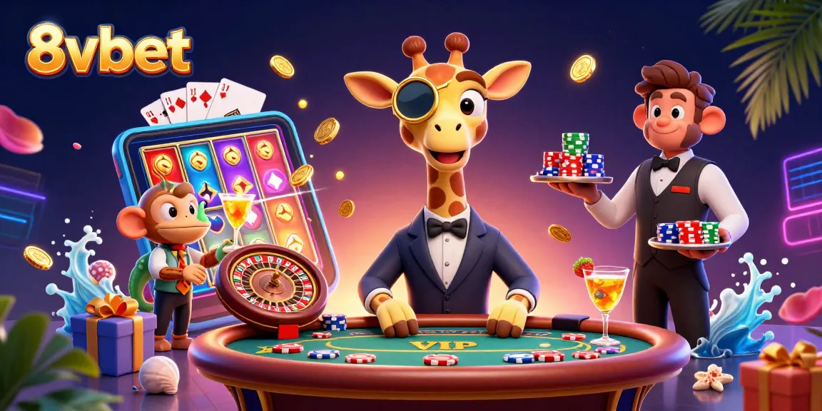 Experience the excitement of 8vbet with a high-roller giraffe at the VIP poker table, surrounded by casino fun.