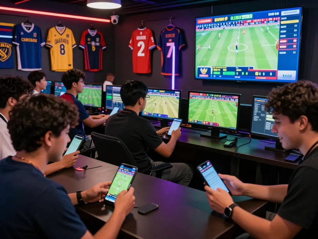 Exciting scene of diverse individuals engaging with the 555win online betting platform during live sports events.