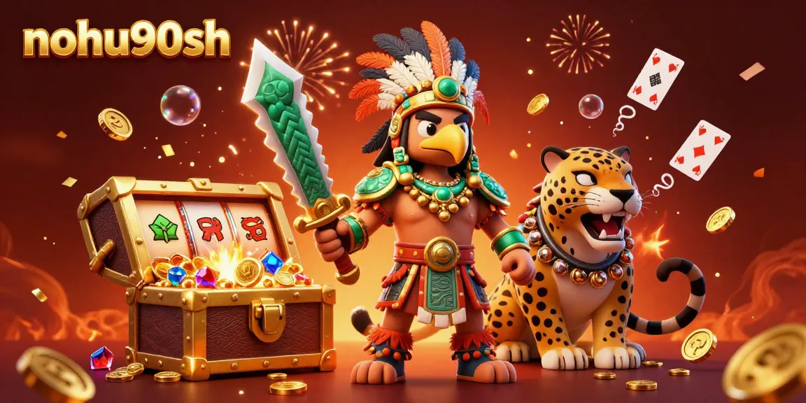 Nohu90sh celebrates online gaming with a vibrant 3D illustration of slot reels, confetti, and Aztec warriors.
