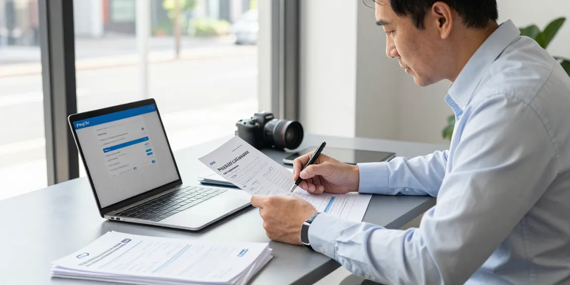 Small business owner considering a PayPal merchant cash advance while reviewing financial documents at a modern desk.