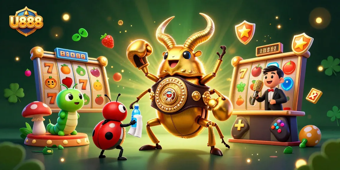 U888 showcases thrilling 3D illustrations of casino games with a giant beetle and vibrant elements.