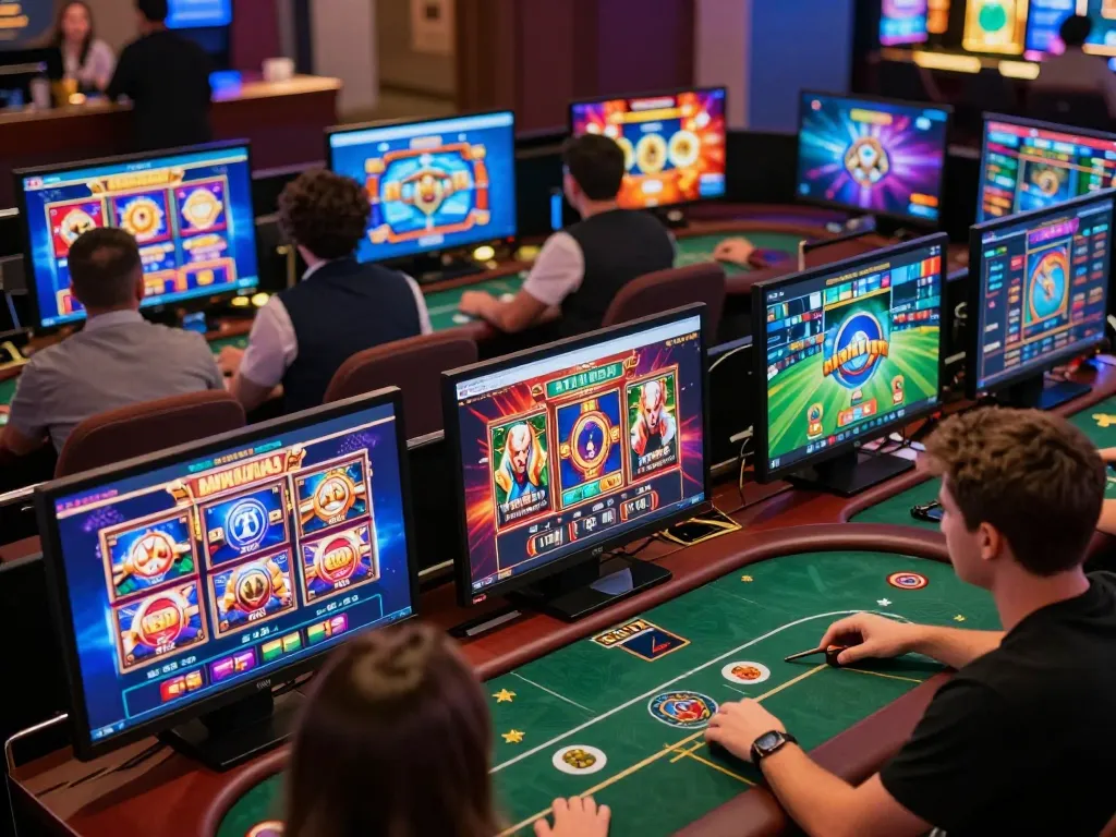 Engaging online gaming session with users exploring link lucky88 on multiple screens, showcasing vibrant casino game graphics.