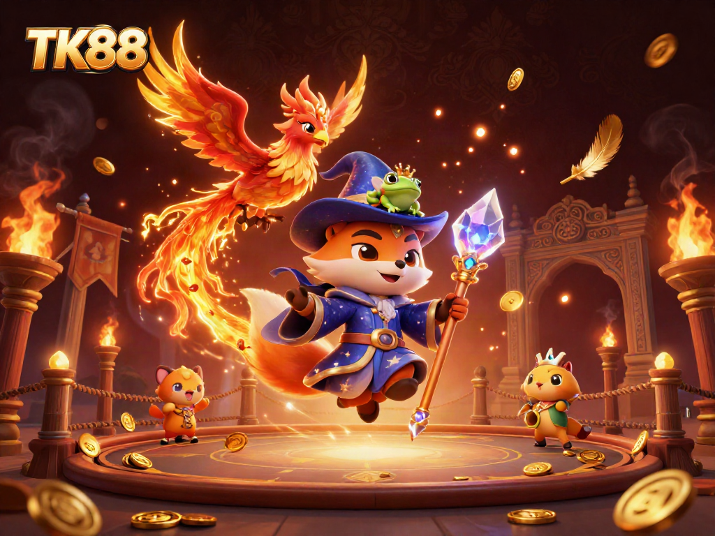 Experience the excitement of TK88 with a magical depiction of a wizard fox and phoenix in a casino setting.