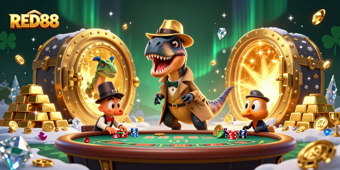 Experience the thrill of winning at RED88 with cartoon dinosaurs in a vibrant casino scene.