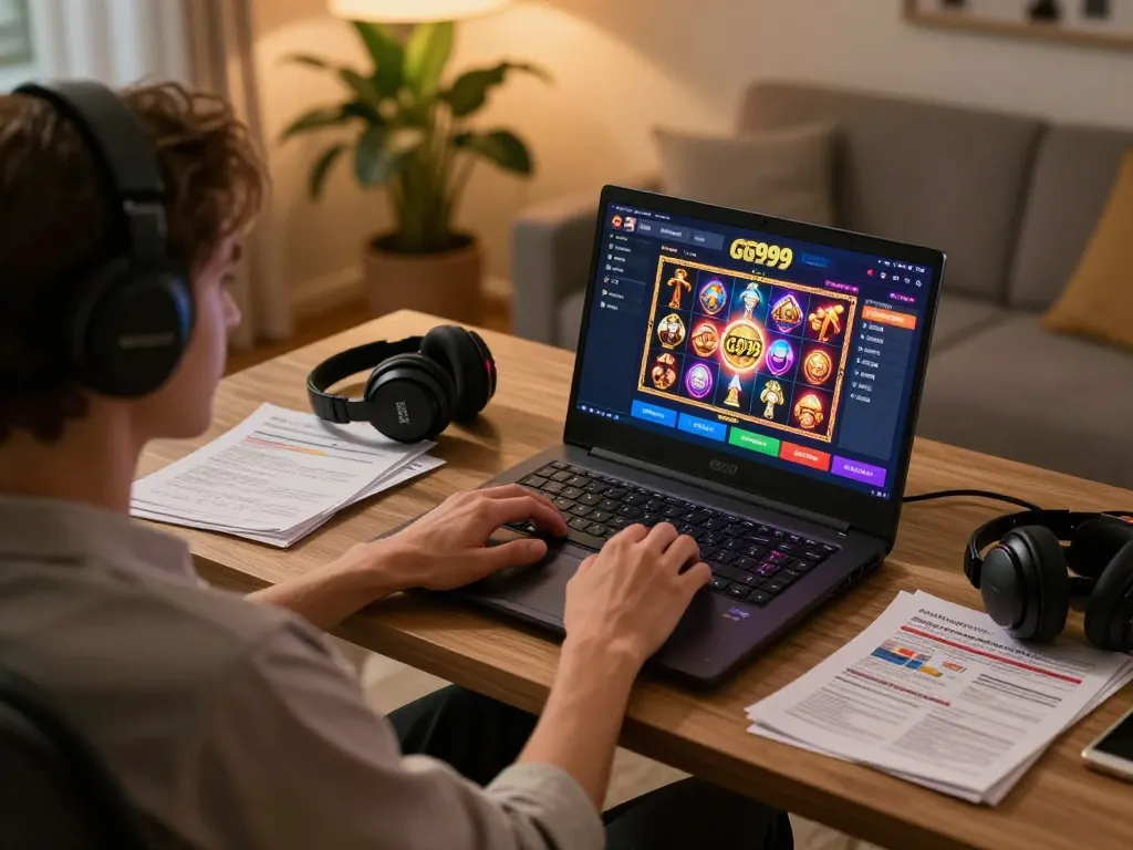Orang menikmati sesi permainan online di GG999, menampilkan antarmuka kasino yang cerah dan catatan strategis