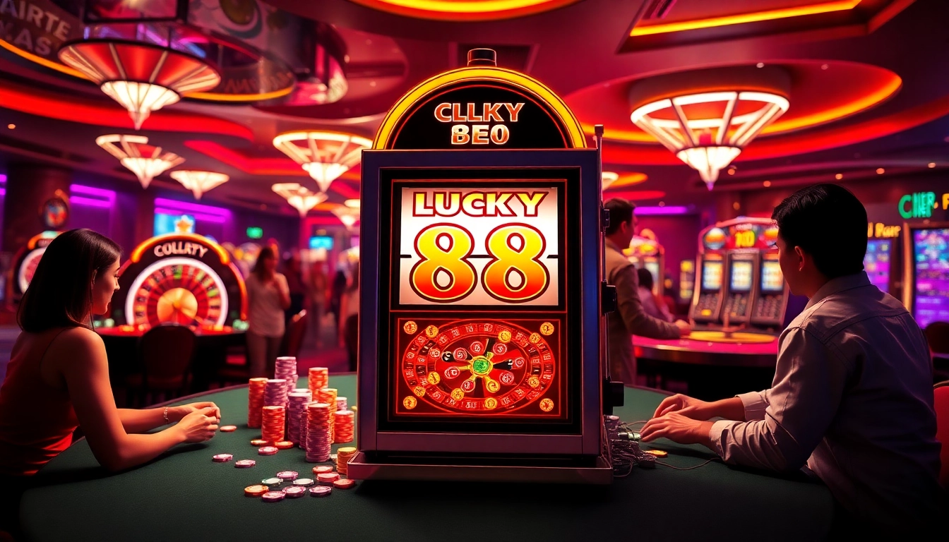 Players enjoying the Lucky 88 slot machine in a lively casino ambiance.