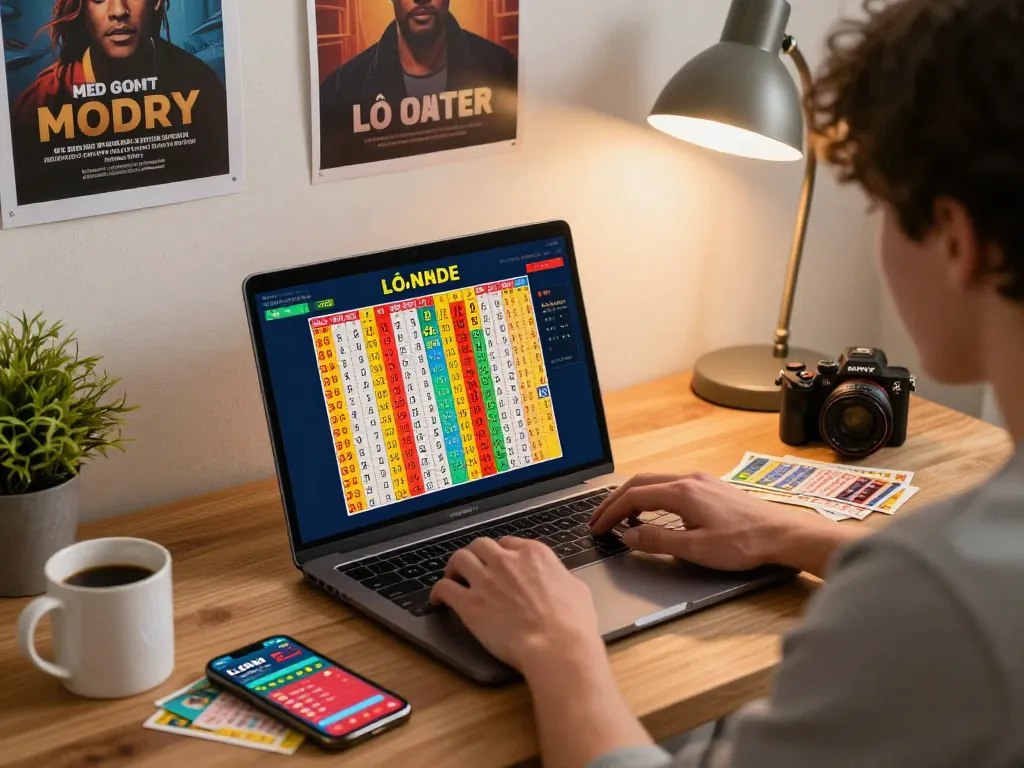 Engaged user placing lô đề online bets in a cozy home office with lottery tickets and smartphone.
