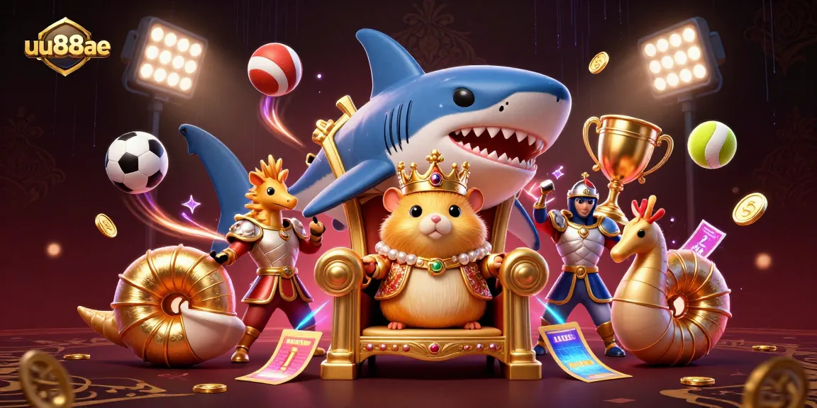uu88ae features a fierce golden hamster king atop a massive shark throne, dynamic sports elements.