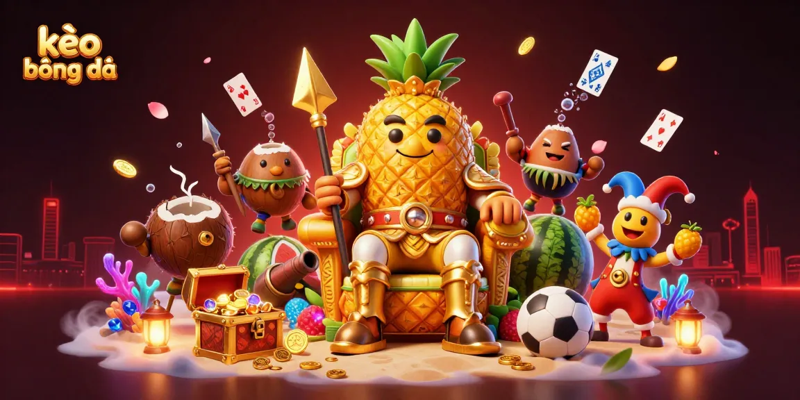 Immerse in kèo bóng đá action with a vibrant illustration featuring the golden pineapple king, confident coconut bodyguards, and dynamic sports elements.