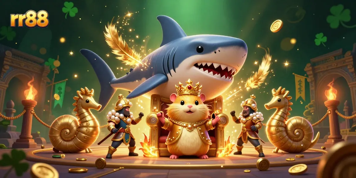 Bet on rr88 with an energizing scene featuring a golden hamster king and vibrant casino elements.