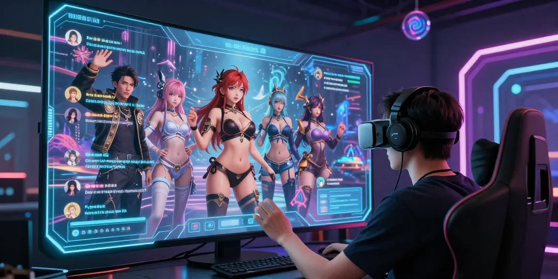 Engaging ai hentai chat interaction with vibrant anime characters in a futuristic virtual reality setting.