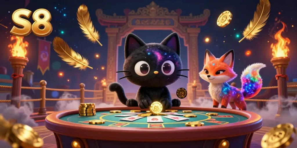 Experience the excitement at S8's cosmic casino with a black hole cat pulling in golden chips amidst a colorful atmosphere.