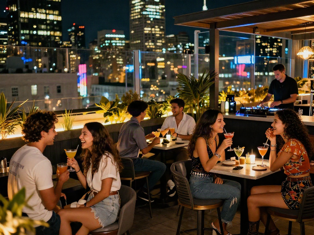 Youthful group enjoying nightlife at a rooftop bar, rokok88 cocktails in hand.