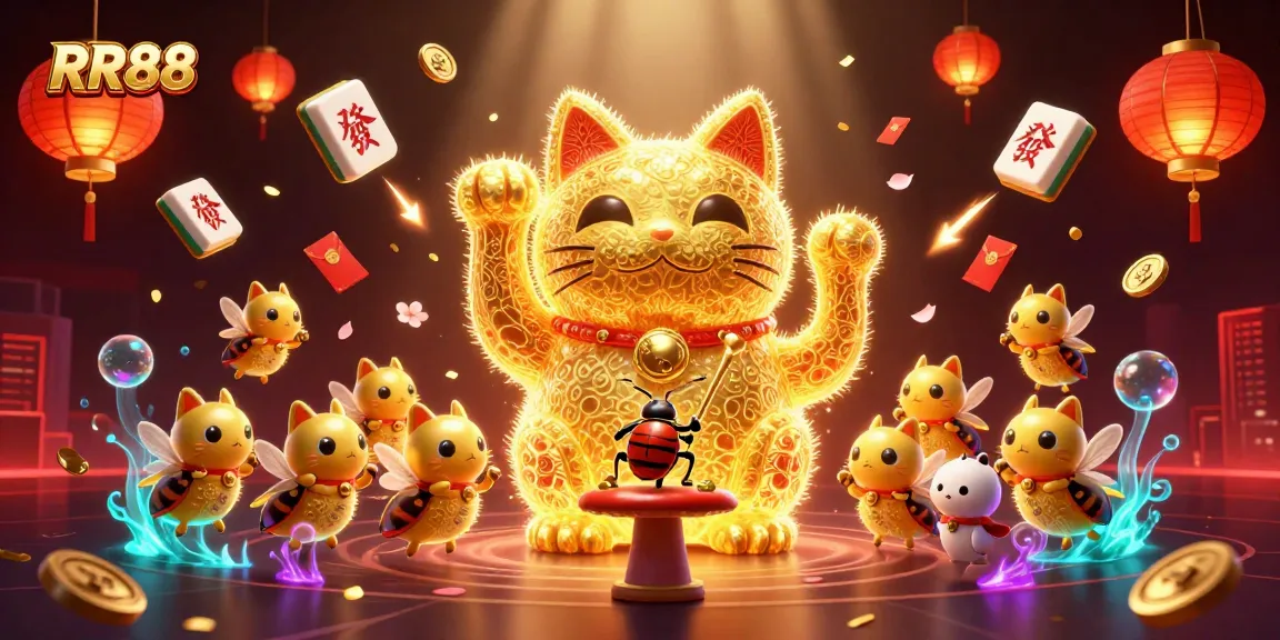 Experience the thrill of RR88 with a vibrant 3D illustration showcasing a lucky cat surrounded by casino symbols and excitement.