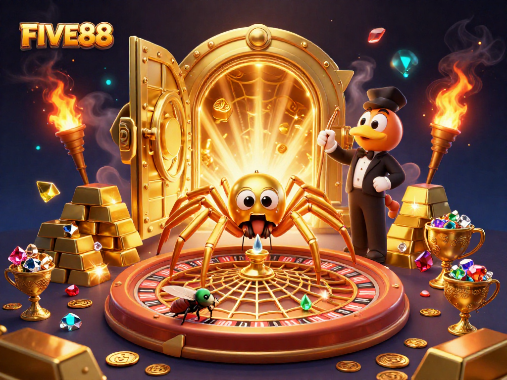 Place your bets at FIVE88 with a golden spider spinning a roulette web and treasures all around.