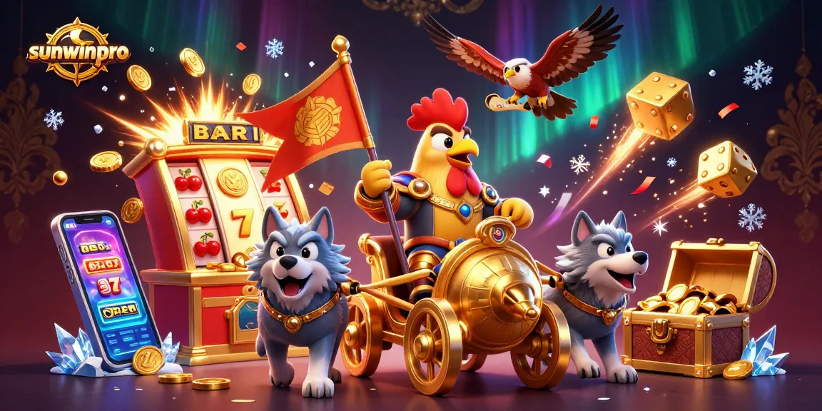 Experience the thrill of sunwinpro with a cartoon rooster warlord amidst exploding jackpots and vibrant casino elements.