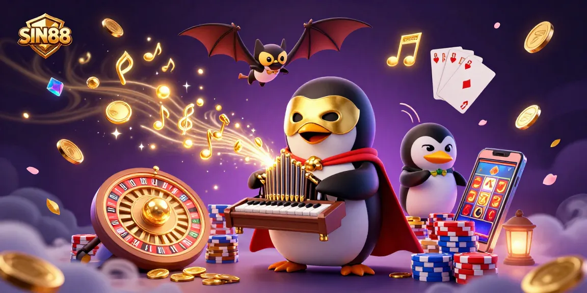 SIN88 casino scene with a phantom penguin, golden coins, and vibrant game elements in an energetic atmosphere.