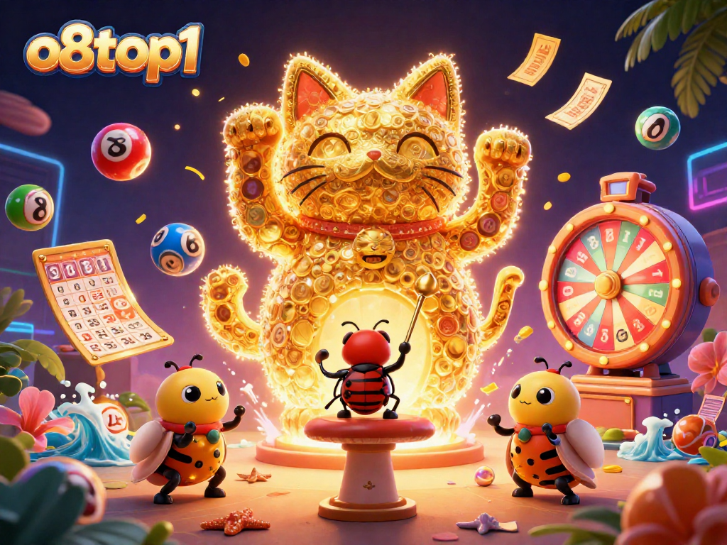 Experience the dynamic world of o8top1 with casino symbols and vibrant lottery elements in a stunning scene.