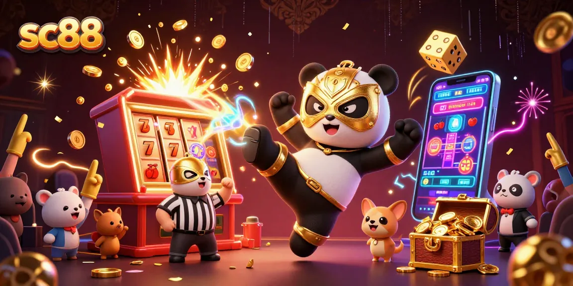 Experience thrilling wins at sc88 with a panda wrestler, chihuahua referee, and vibrant casino elements!