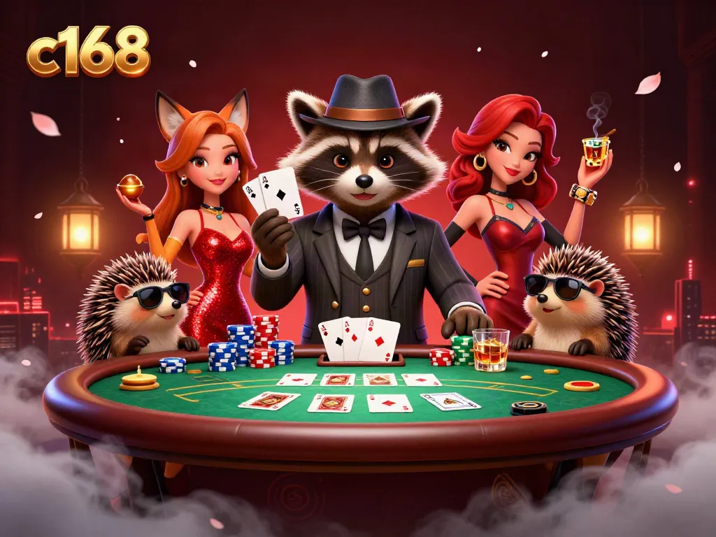 C168 raccoon and friends play poker, showcasing a thrilling casino scene filled with vibrant elements.