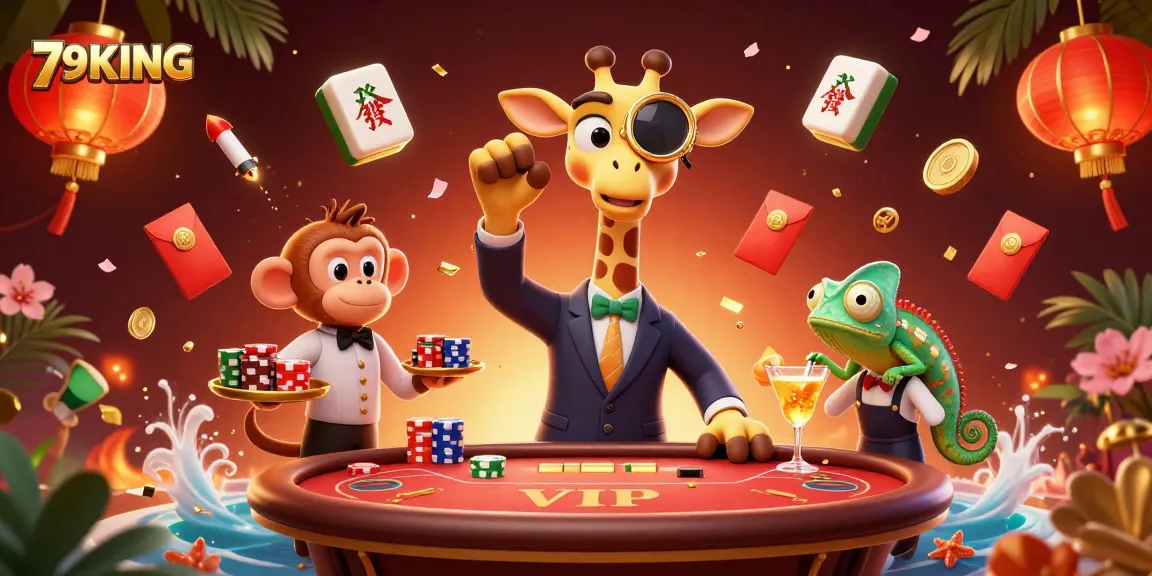 Experience vibrant casino thrills with 79KING, featuring a high-roller giraffe and exciting game elements.