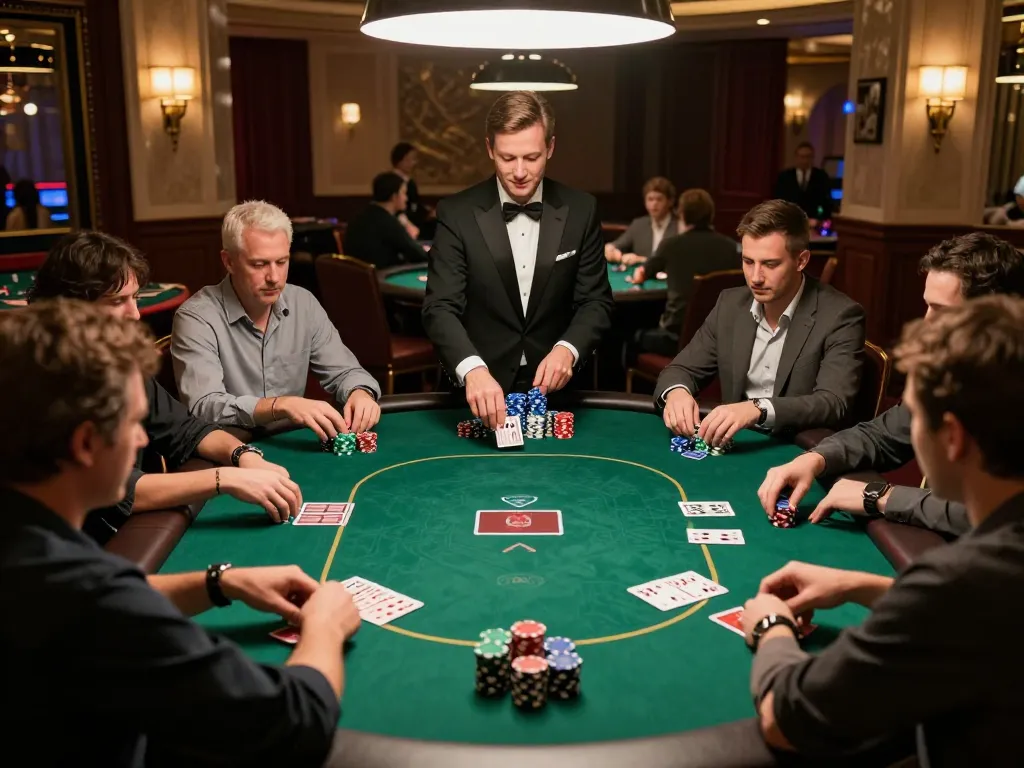 tr88 players strategizing at a poker table in an upscale casino, showcasing the excitement and engagement of the game